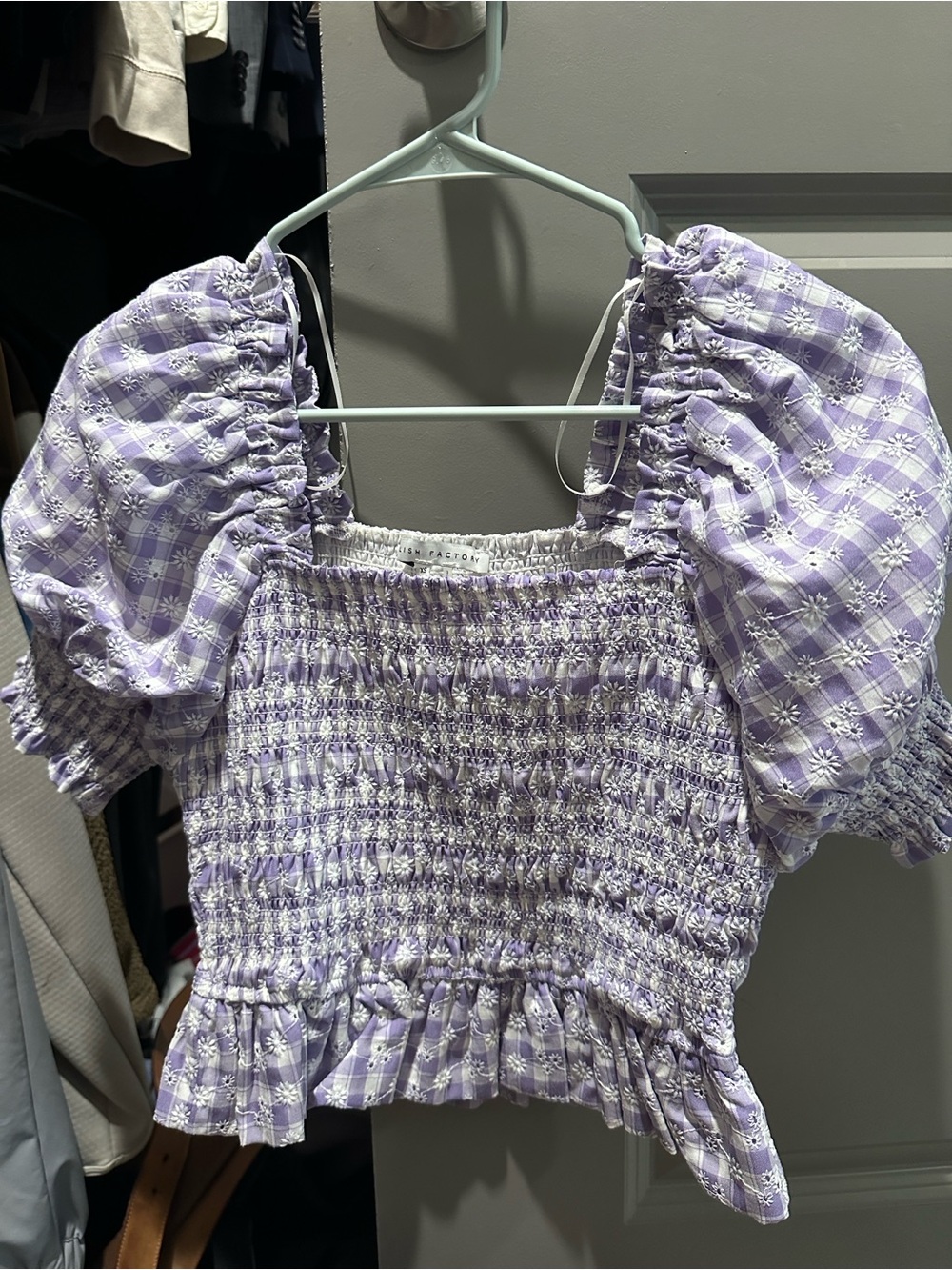 English Factory Lavender Embroidered Smocked Puff-Sleeve Crop Top